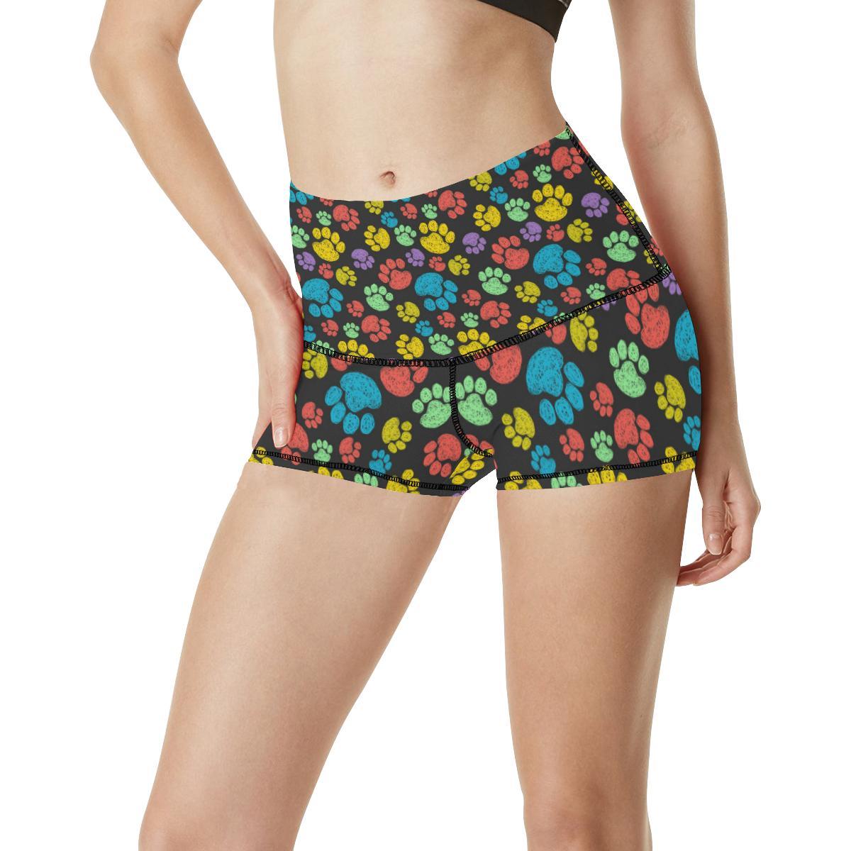 Paw Colorful Print High Waisted Spandex Shorts-JTAMIGO.COM