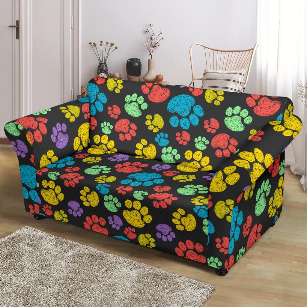 Paw Colorful Print Loveseat Slipcover-JTAMIGO.COM