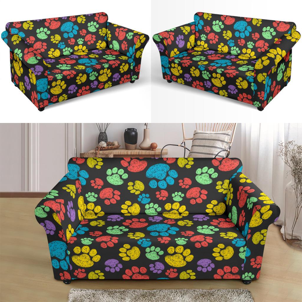 Paw Colorful Print Loveseat Slipcover-JTAMIGO.COM