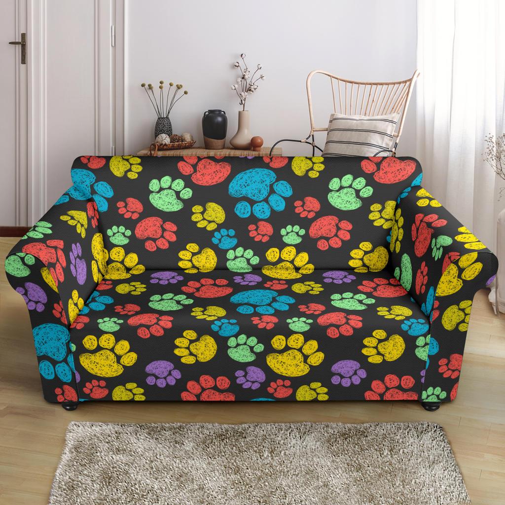 Paw Colorful Print Loveseat Slipcover-JTAMIGO.COM