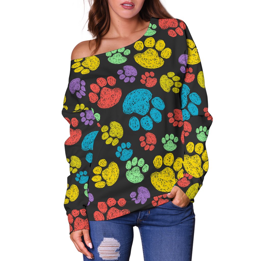 Paw Colorful Print Off Shoulder Sweatshirt