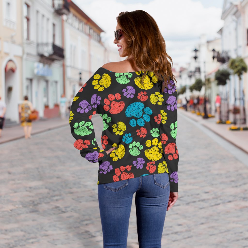Paw Colorful Print Off Shoulder Sweatshirt