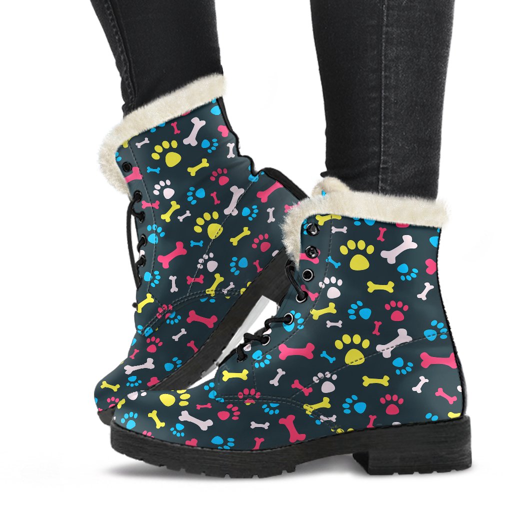 Paw Design Print Faux Fur Leather Boots-JTAMIGO.COM