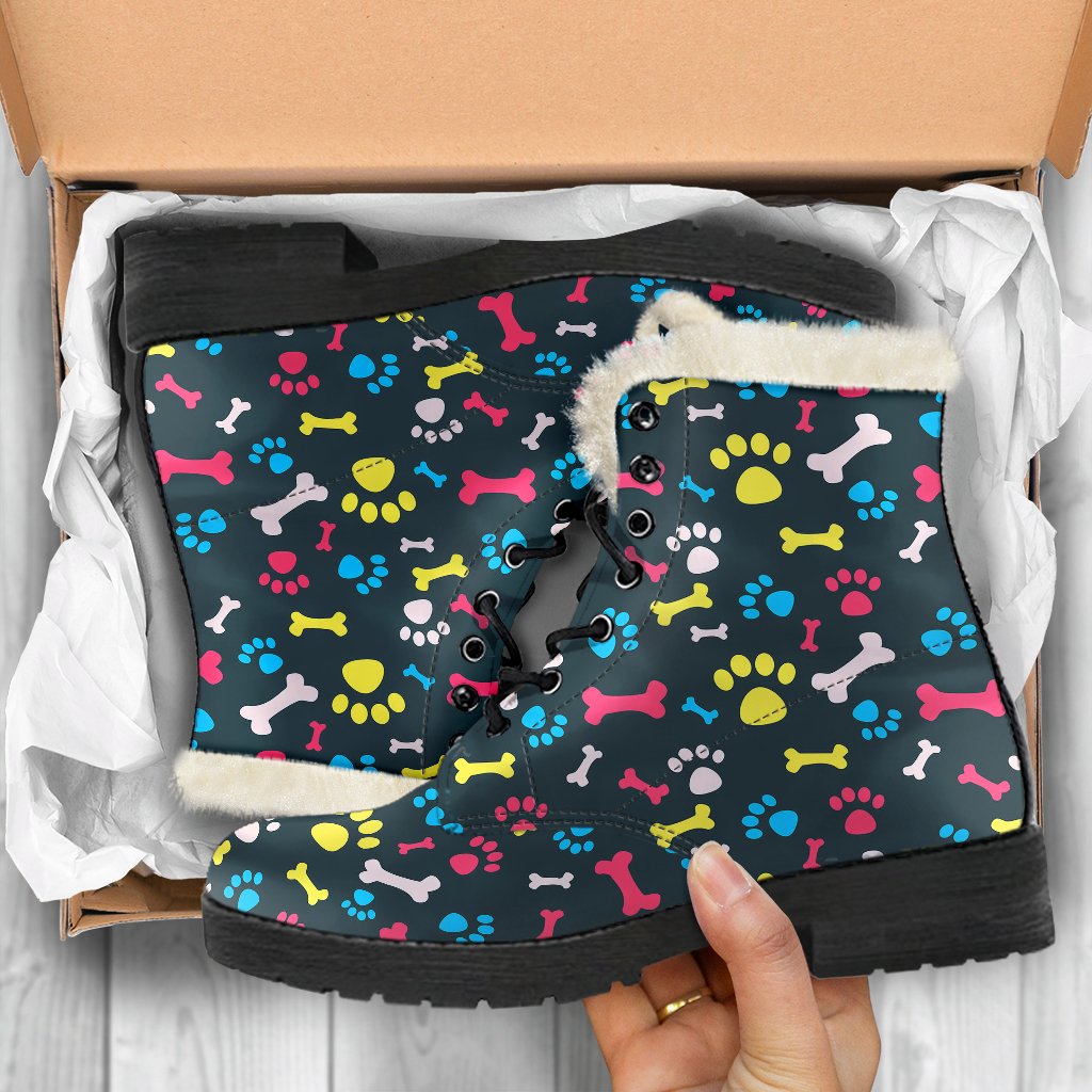 Paw Design Print Faux Fur Leather Boots-JTAMIGO.COM