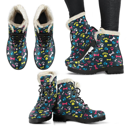 Paw Design Print Faux Fur Leather Boots-JTAMIGO.COM