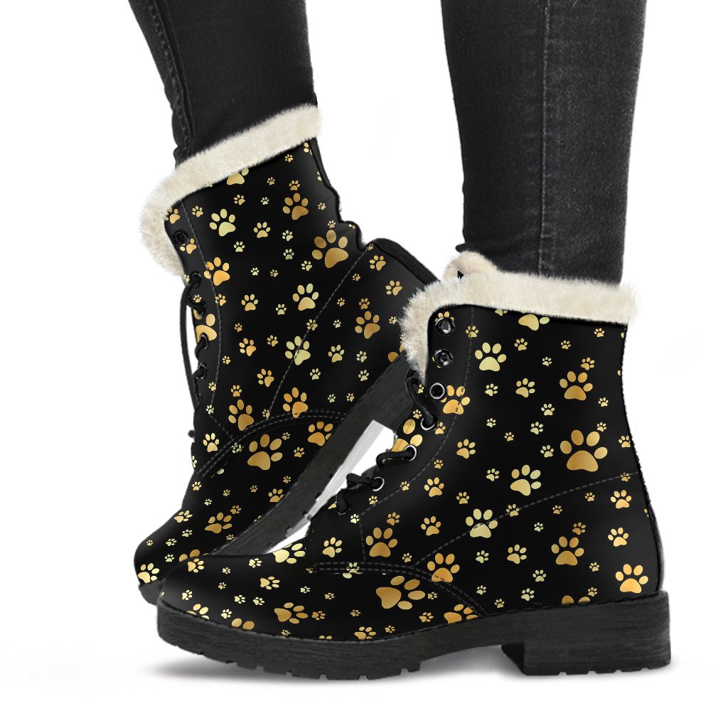 Paw Gold Print Faux Fur Leather Boots-JTAMIGO.COM