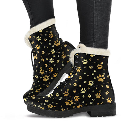 Paw Gold Print Faux Fur Leather Boots-JTAMIGO.COM