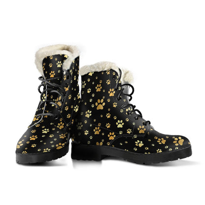 Paw Gold Print Faux Fur Leather Boots-JTAMIGO.COM