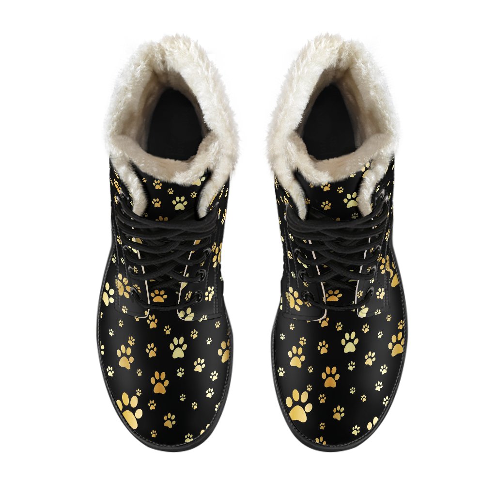 Paw Gold Print Faux Fur Leather Boots-JTAMIGO.COM