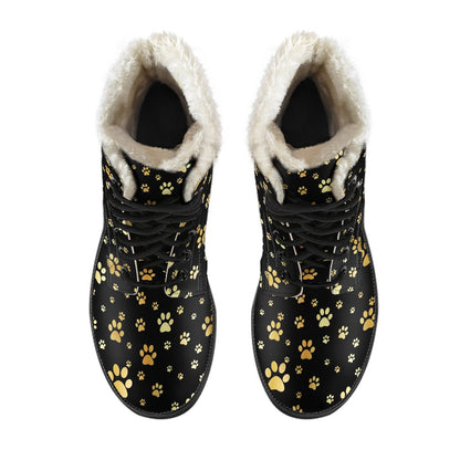 Paw Gold Print Faux Fur Leather Boots-JTAMIGO.COM