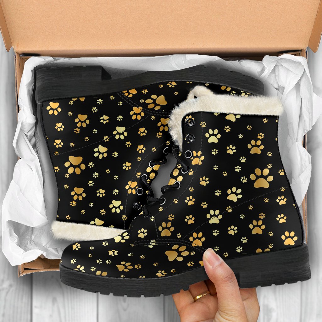 Paw Gold Print Faux Fur Leather Boots-JTAMIGO.COM