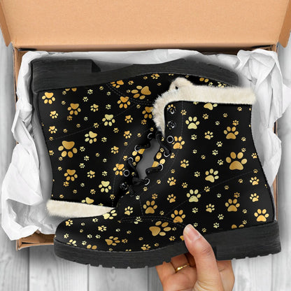 Paw Gold Print Faux Fur Leather Boots-JTAMIGO.COM