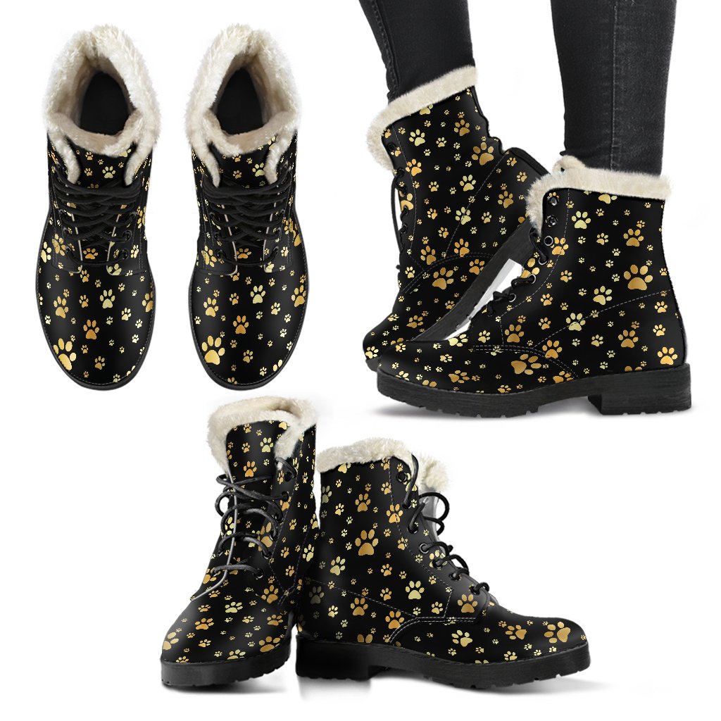 Paw Gold Print Faux Fur Leather Boots-JTAMIGO.COM
