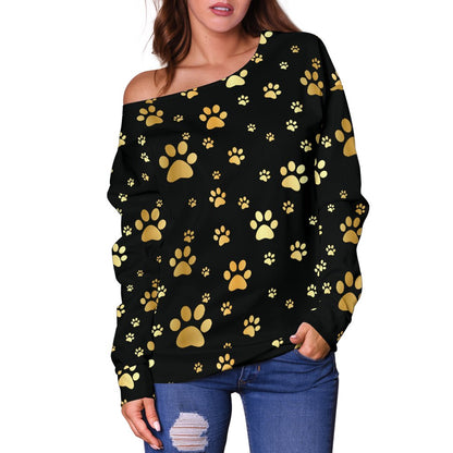 Paw Gold Print Off Shoulder Sweatshirt
