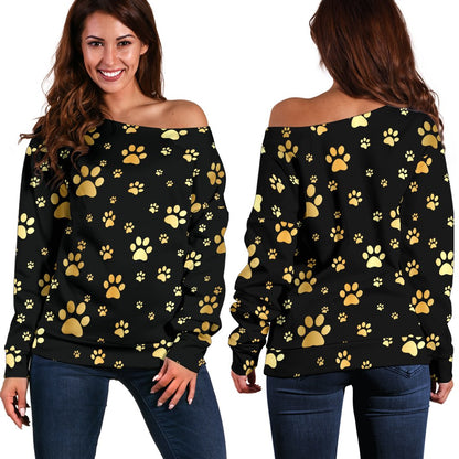 Paw Gold Print Off Shoulder Sweatshirt