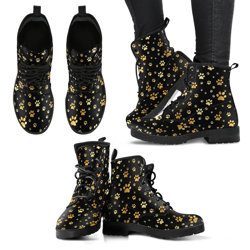 Paw Gold Print Women Leather Boots-JTAMIGO.COM