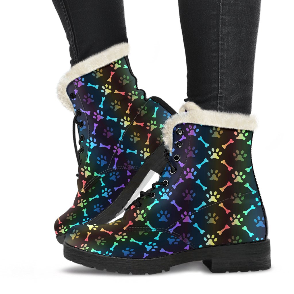 Paw Rainbow Print Faux Fur Leather Boots-JTAMIGO.COM
