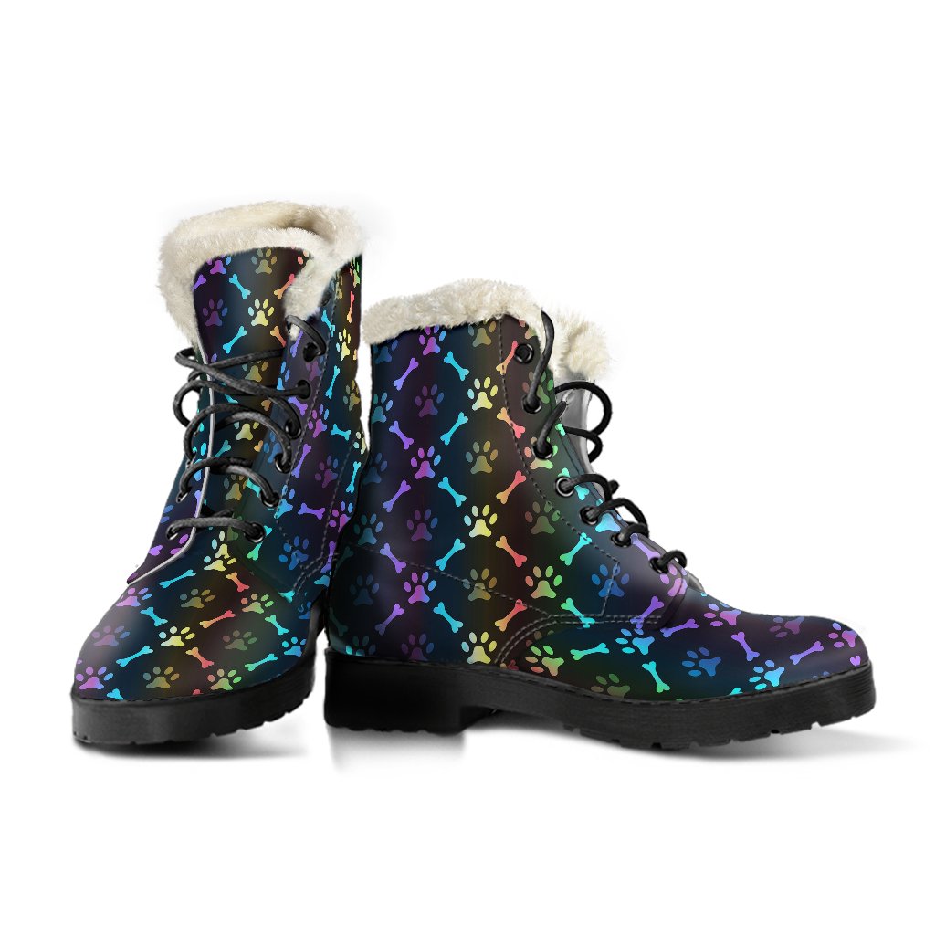 Paw Rainbow Print Faux Fur Leather Boots-JTAMIGO.COM