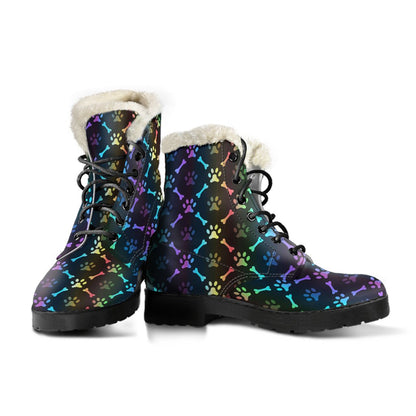 Paw Rainbow Print Faux Fur Leather Boots-JTAMIGO.COM