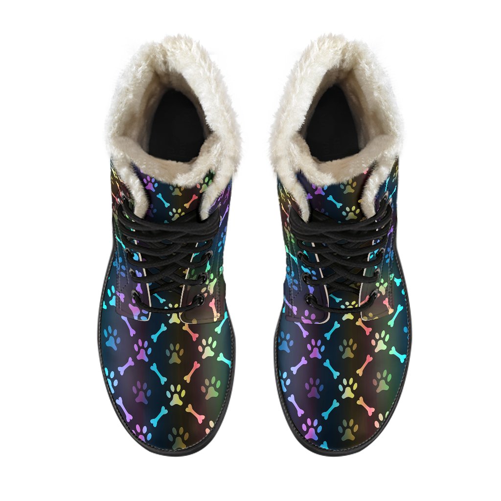 Paw Rainbow Print Faux Fur Leather Boots-JTAMIGO.COM