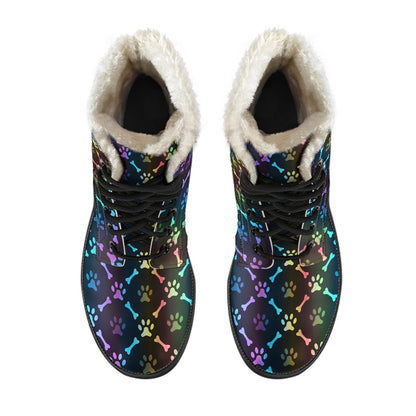 Paw Rainbow Print Faux Fur Leather Boots-JTAMIGO.COM
