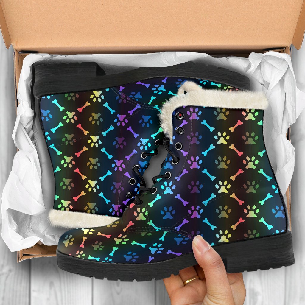 Paw Rainbow Print Faux Fur Leather Boots-JTAMIGO.COM
