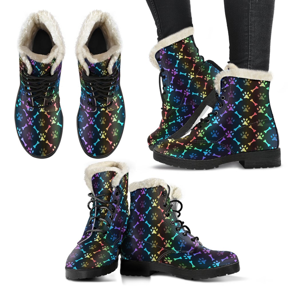 Paw Rainbow Print Faux Fur Leather Boots-JTAMIGO.COM