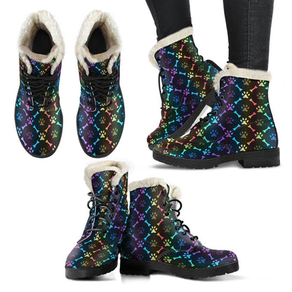 Paw Rainbow Print Faux Fur Leather Boots-JTAMIGO.COM