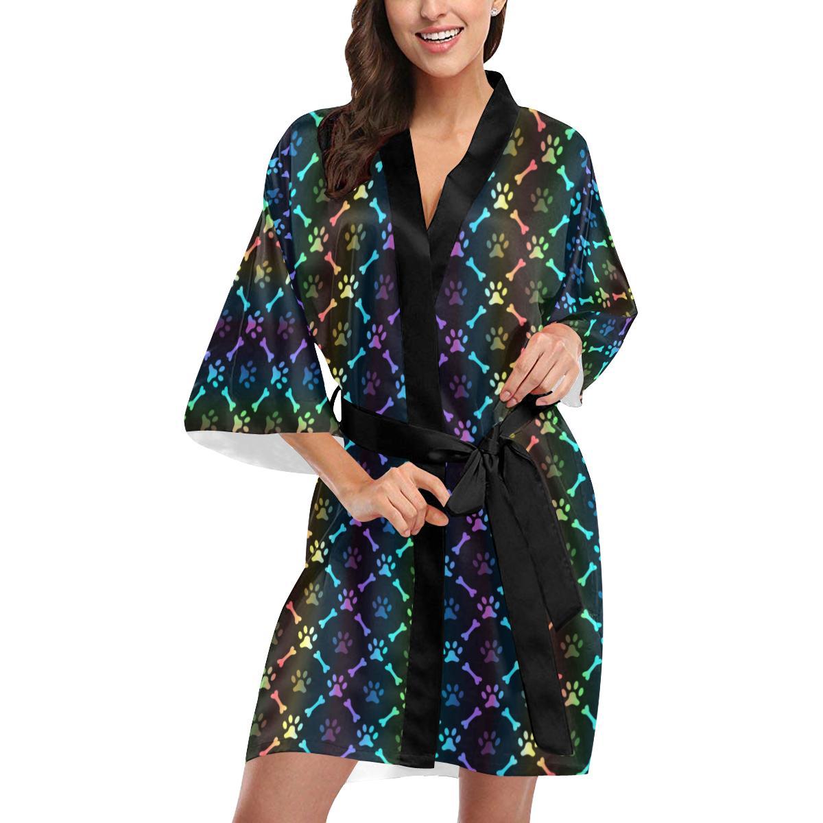 Paw Rainbow Print Women Short Kimono Robe