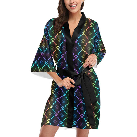 Paw Rainbow Print Women Short Kimono Robe