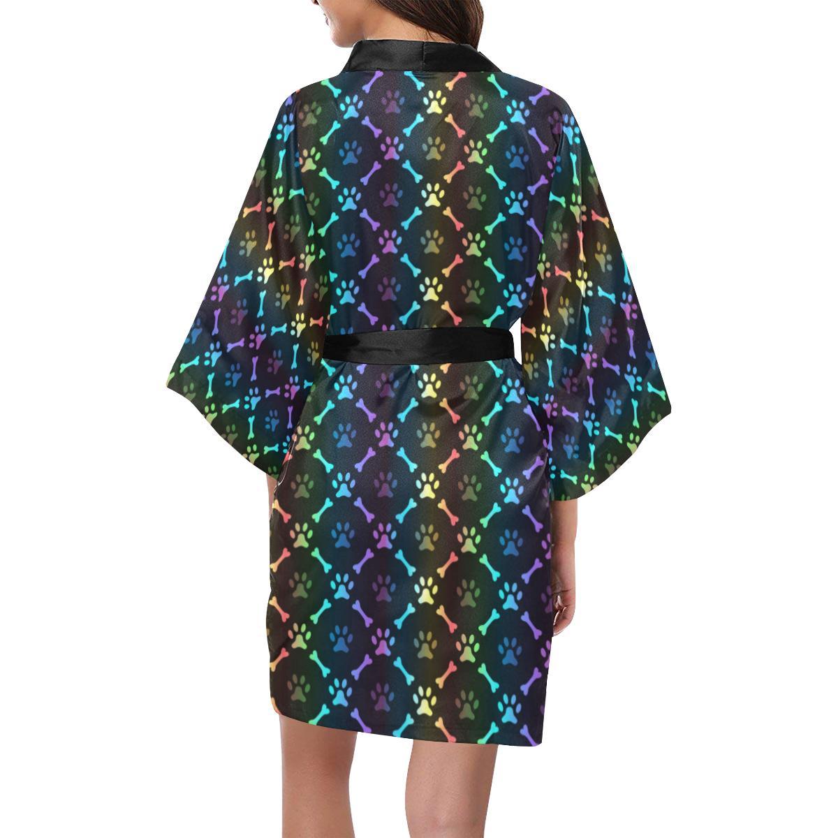 Paw Rainbow Print Women Short Kimono Robe