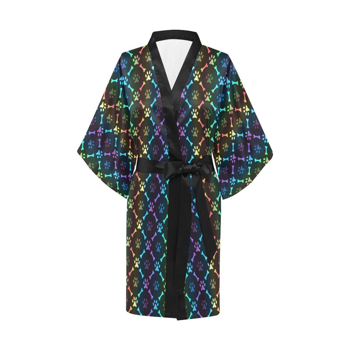 Paw Rainbow Print Women Short Kimono Robe