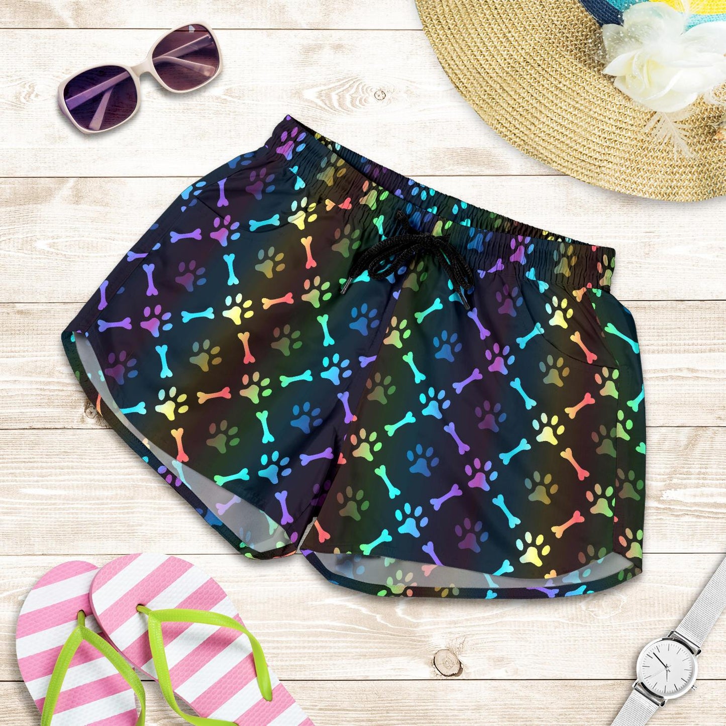 Paw Rainbow Print Women Shorts-JTAMIGO.COM
