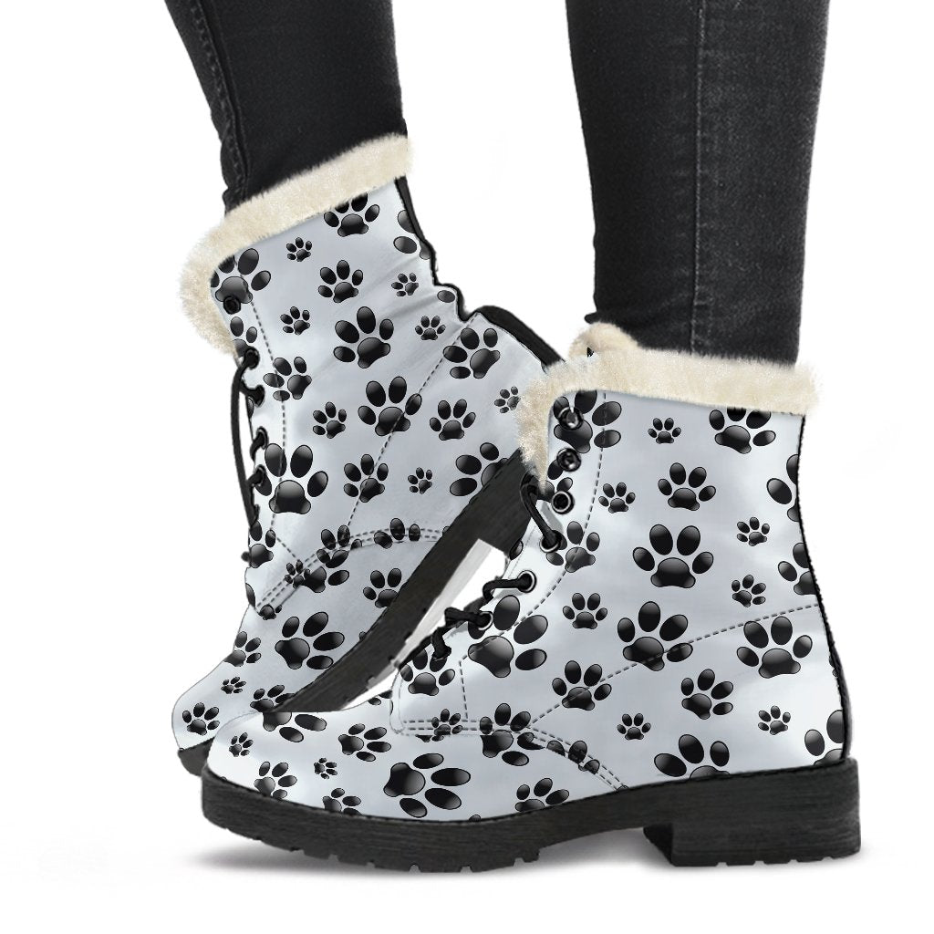 Paw Themed Print Faux Fur Leather Boots-JTAMIGO.COM
