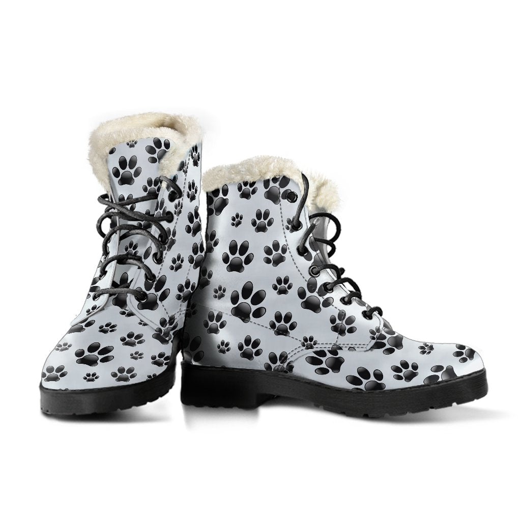 Paw Themed Print Faux Fur Leather Boots-JTAMIGO.COM