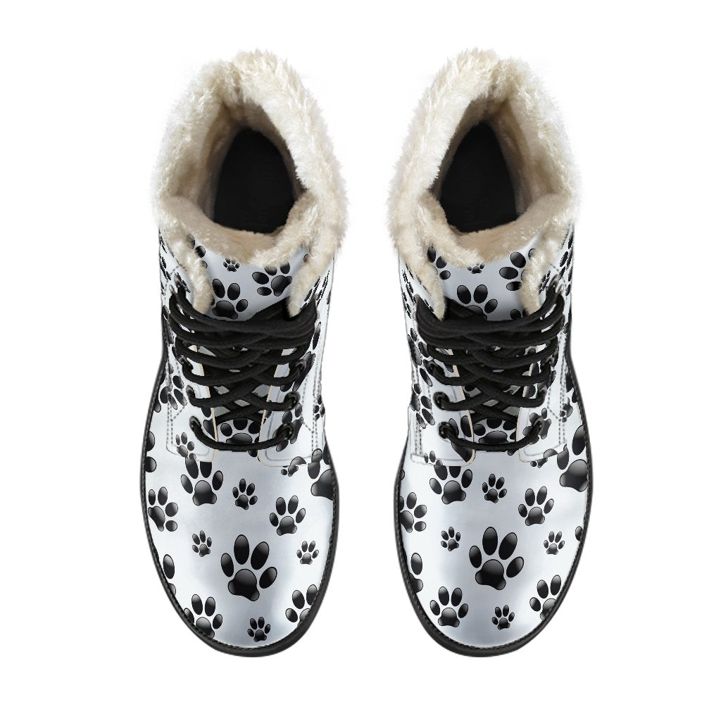 Paw Themed Print Faux Fur Leather Boots-JTAMIGO.COM
