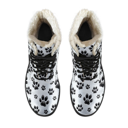 Paw Themed Print Faux Fur Leather Boots-JTAMIGO.COM