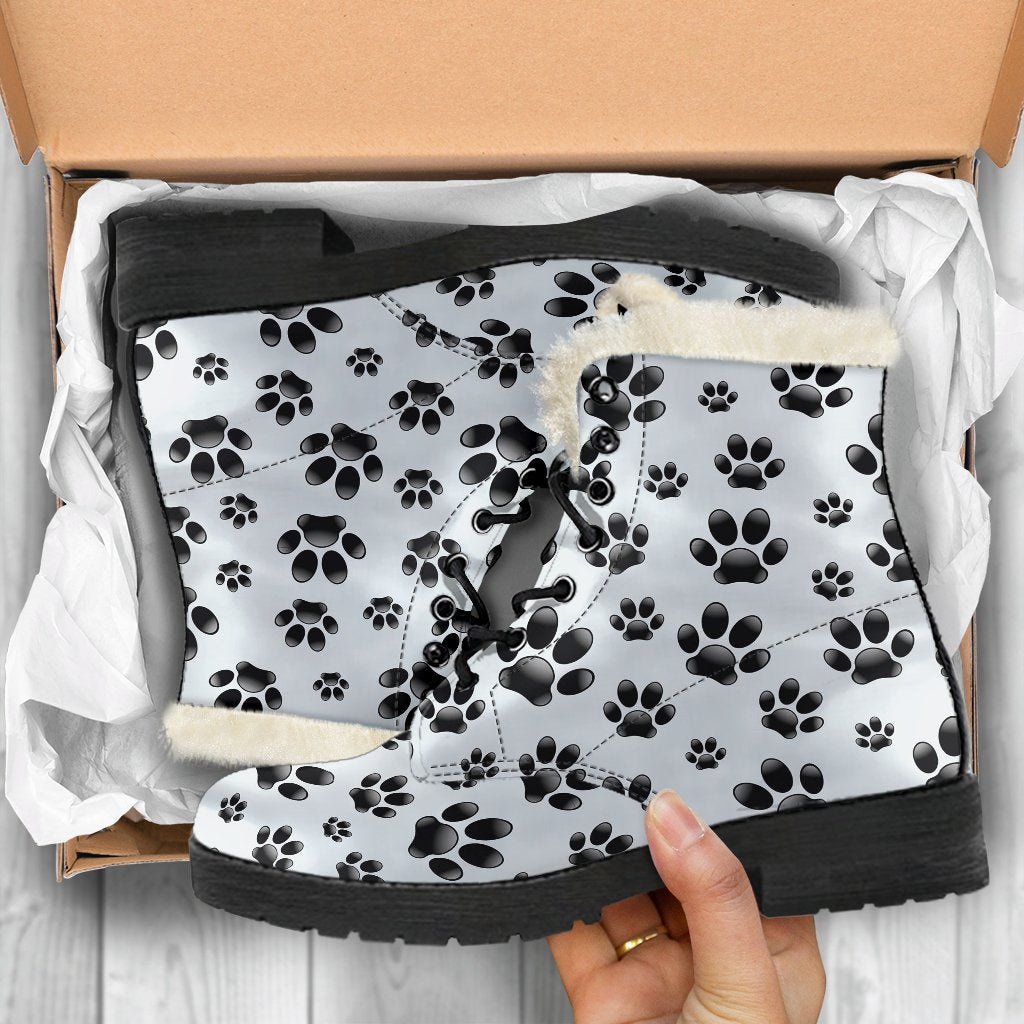 Paw Themed Print Faux Fur Leather Boots-JTAMIGO.COM