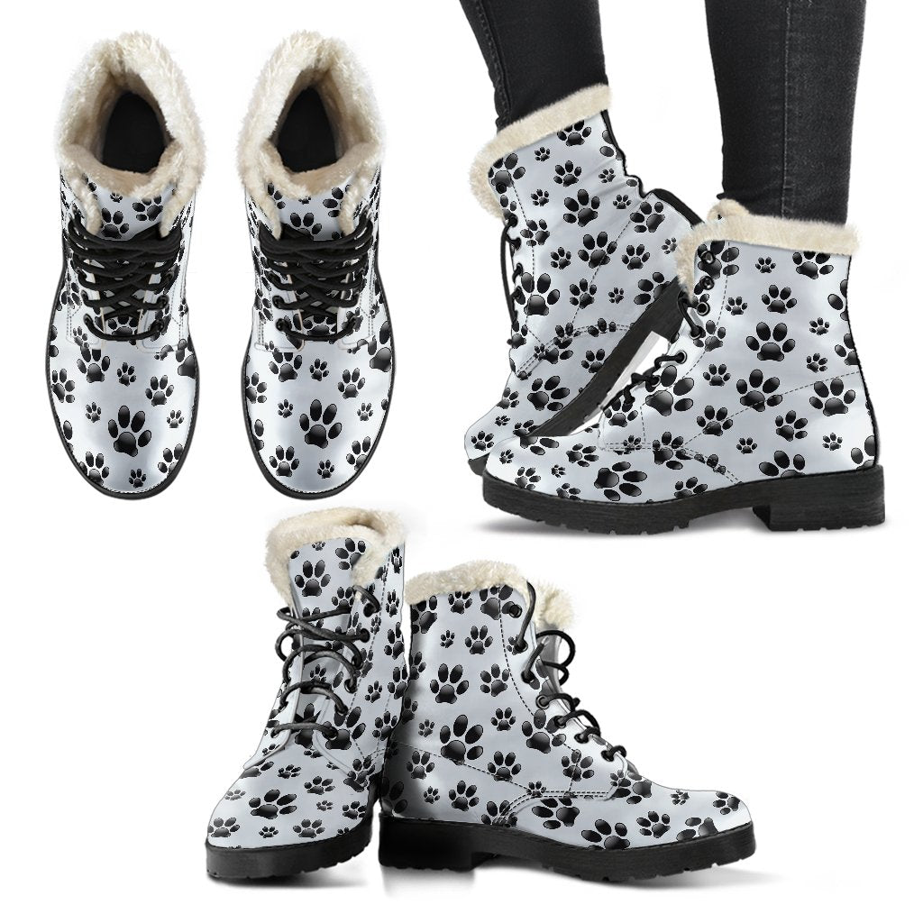 Paw Themed Print Faux Fur Leather Boots-JTAMIGO.COM