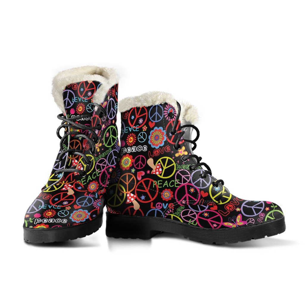 Peace Sign Colorful Design Print Faux Fur Leather Boots-JTAMIGO.COM