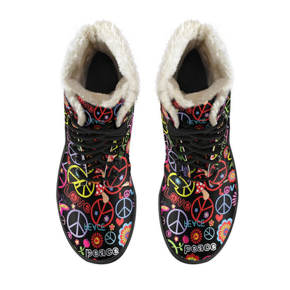 Peace Sign Colorful Design Print Faux Fur Leather Boots-JTAMIGO.COM