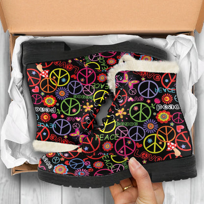 Peace Sign Colorful Design Print Faux Fur Leather Boots-JTAMIGO.COM