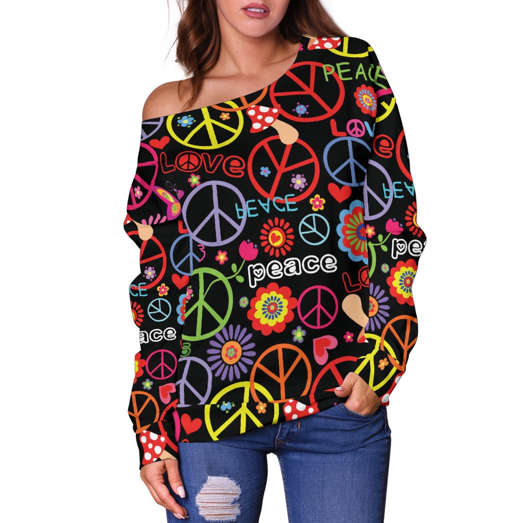 Peace Sign Colorful Design Print Off Shoulder Sweatshirt