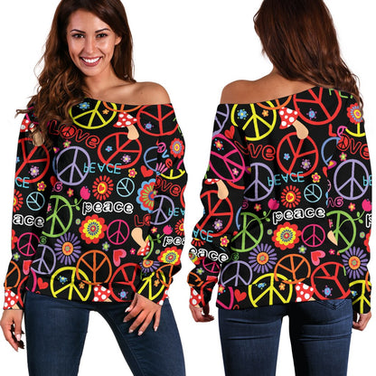 Peace Sign Colorful Design Print Off Shoulder Sweatshirt