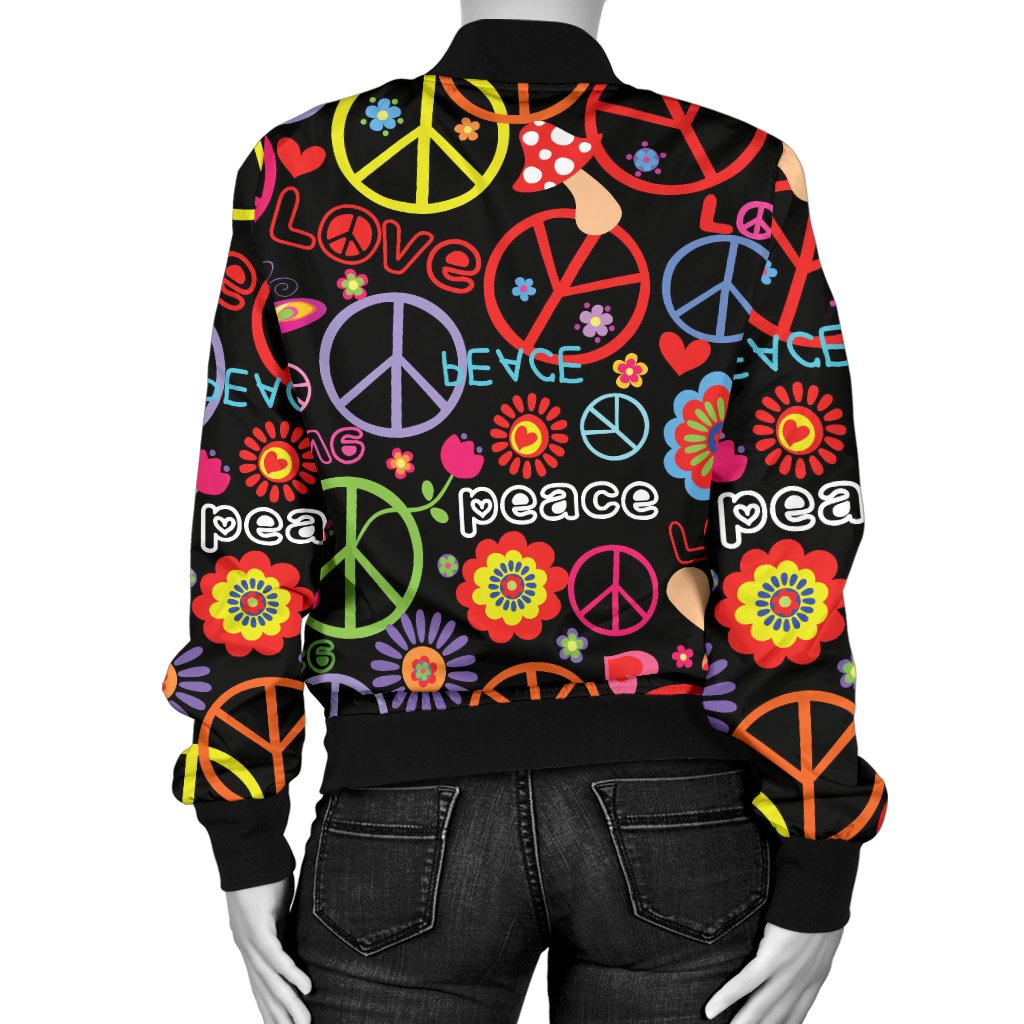 Peace Sign Colorful Design Print Women Casual Bomber Jacket