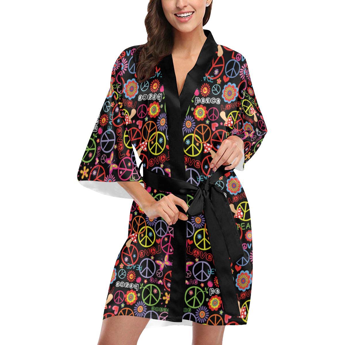 Peace Sign Colorful Design Print Women Short Kimono Robe