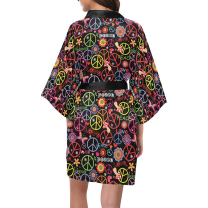 Peace Sign Colorful Design Print Women Short Kimono Robe