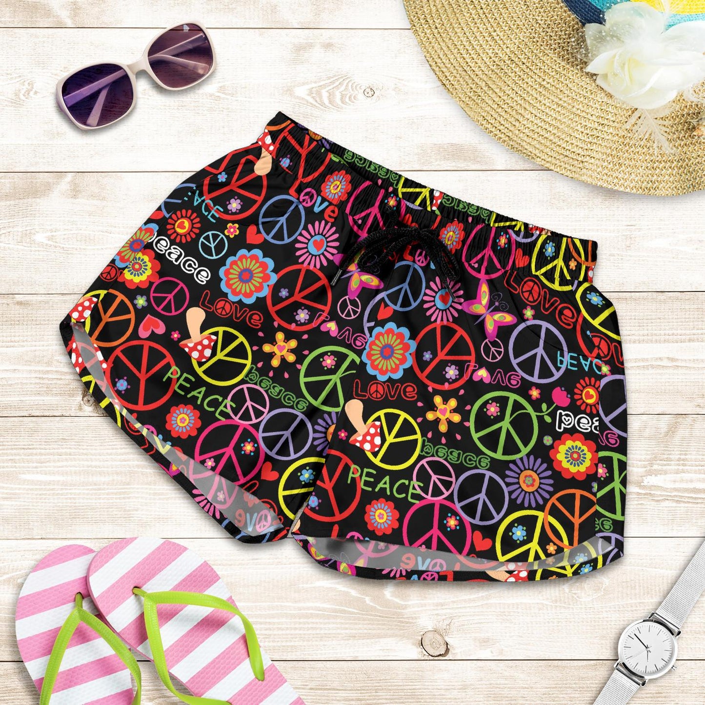 Peace Sign Colorful Design Print Women Shorts-JTAMIGO.COM