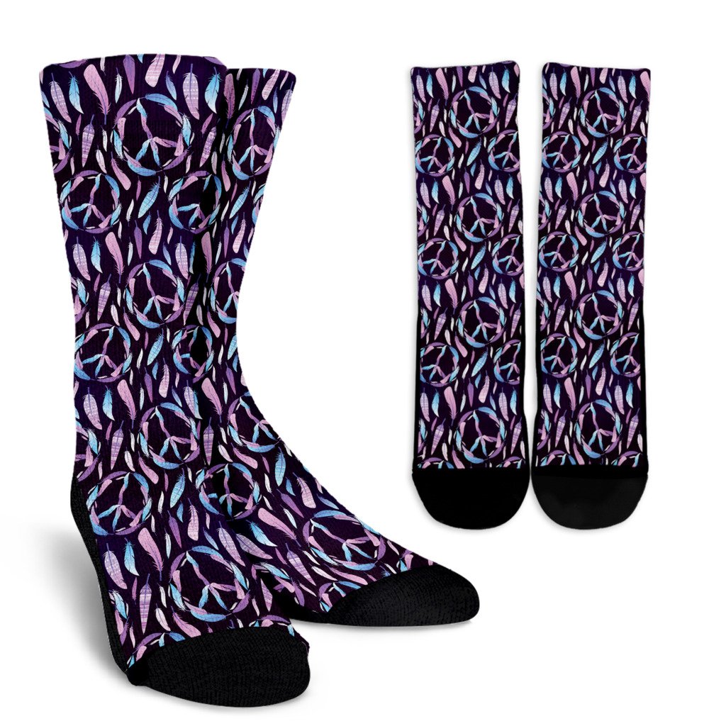 Peace Sign Feather Design Print Crew Socks