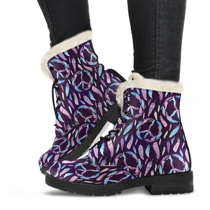 Peace Sign Feather Design Print Faux Fur Leather Boots-JTAMIGO.COM